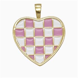 Copper Heart Pendant Pink White Enamel Checkerboard Grid Gold Plated, approx 21mm
