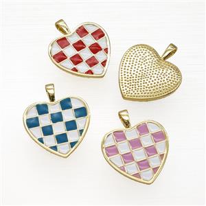 Copper Heart PendantEnamel Checkerboard Grid Gold Plated Mixed, approx 21mm