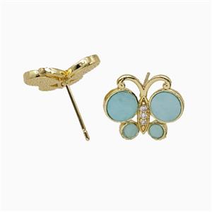 Copper earring studs Pave Zircon, Butterfly, Gold Plated,