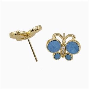 Copper earring studs Pave Zircon, Butterfly, Gold Plated,