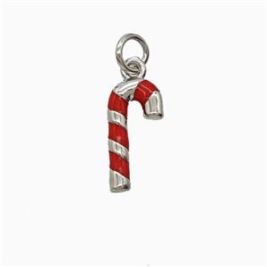 Christmas Candy Cane Charms Copper Pendant Red Enamel Platinum Plated, approx 7-14mm