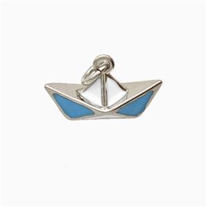 Paper Boat Charms Copper Pendant Blue Enamel Platinum Plated, approx 8-16.5mm