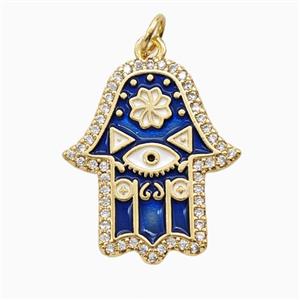 Copper Hamsahand Pendant Pave Zirconia Blue Enamel Gold Plated, approx 20-22mm