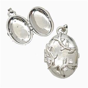 Copper Oval Locket Pendant Pave Zirconia Leaf Platinum Plated, approx 18-24mm