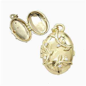 Copper Oval Locket Pendant Pave Zirconia Leaf Gold Plated, approx 18-24mm