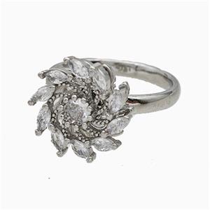 Copper Sunflower Rings Pave Zirconia Rotatable Adjustable Platinum Plated, approx 15mm, 18mm dia