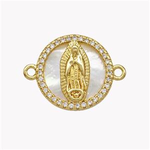Copper Jesus Connector Pave Shell Zirconia Circle 18K Gold Plated, approx 17mm