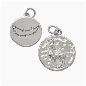 Copper Circle Pendant Pave Zirconia Zodiac Aries Platinum Plated, approx 15mm