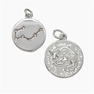 Copper Circle Pendant Pave Zirconia Zodiac Taurus Platinum Plated, approx 15mm