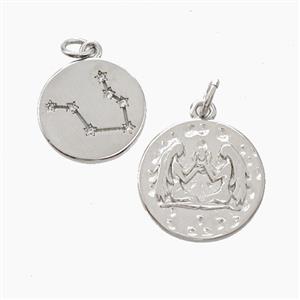 Copper Circle Pendant Pave Zirconia Zodiac Gemini Platinum Plated, approx 15mm