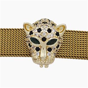 Copper Watchband Beads Pave Zirconia Panther-Head Flat Hole Gold Plated, approx 13-16mm, 2-10mm hole