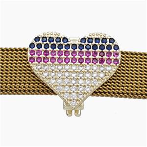 Copper Watchband Beads Pave Zirconia Heart Flat Hole Gold Plated, approx 16-19mm, 2-10mm hole