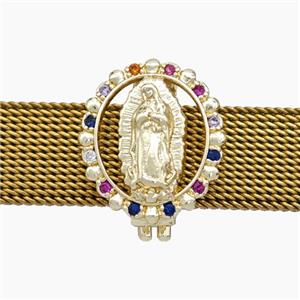 Copper Watchband Beads Pave Zirconia Virgin Mary Flat Hole Gold Plated, approx 14-16mm, 2-10mm hole