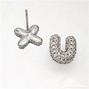 Copper Stud Earrings Pave Zirconia Letter-U Platinum Plated, approx 8-10mm