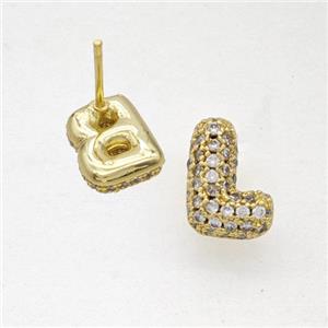 Copper Stud Earrings Pave Zirconia Letter-L Gold Plated, approx 8-10mm