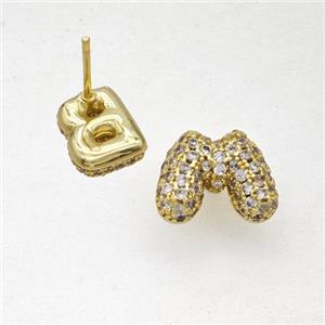 Copper Stud Earrings Pave Zirconia Letter-M Gold Plated, approx 8-10mm