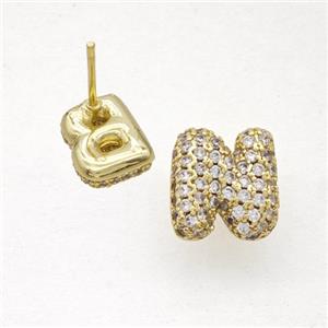 Copper Stud Earrings Pave Zirconia Letter-N Gold Plated, approx 8-10mm