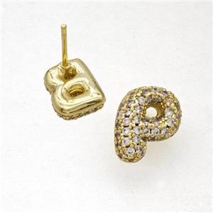 Copper Stud Earrings Pave Zirconia Letter-P Gold Plated, approx 8-10mm
