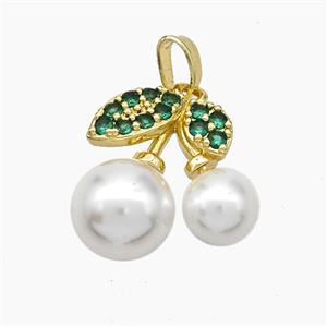 Copper Cherry Pendant Pave Zirconia White Pearlized Resin Gold Plated, approx 17mm
