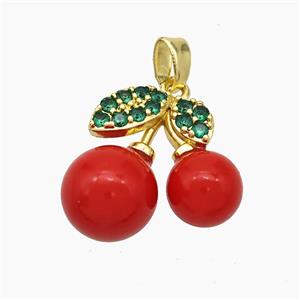Copper Cherry Pendant Pave Zirconia Red Pearlized Resin Gold Plated, approx 17mm