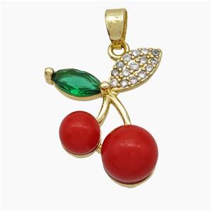 Copper Cherry Pendant Pave Zirconia Red Pearlized Resin Gold Plated, approx 17-20mm