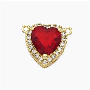 Copper Heart Pendant Micropave Zirconia Red Crystal Glass 2loops Gold Plated, approx 14mm