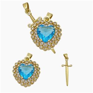Copper Sword Heart Pendant Pave Zirconia Blue Crystal Glass Gold Plated, approx 14mm, 10-28mm