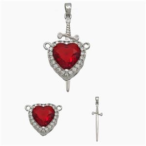 Copper Sword Heart Pendant Pave Zirconia Red Crystal Glass Platinum Plated, approx 14mm, 10-28mm