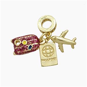 Copper Airplane Travel Box Passport Pendant Painted Gold Plated, approx 7-12mm, 8mm dia