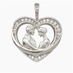Copper Couple Pendant Pave Zirconia Heart Platinum Plated, approx 22mm