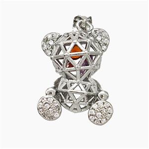 Copper Bear Pendant Pave Zirconia Hollow Platinum Plated, approx 14-20mm