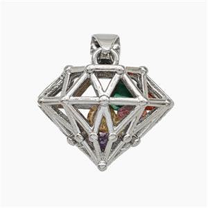 Copper Diamond Pendant Pave Zirconia Hollow Platinum Plated, approx 12-15-18mm