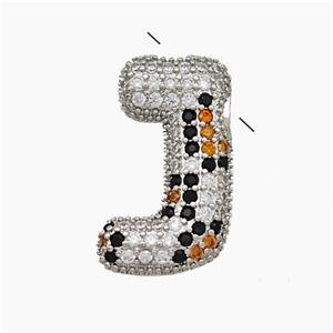 Copper Letter-J Pendant Micropave Zirconia Platinum Plated, approx 16-23mm, 3-5mm hole