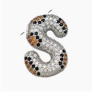 Copper Letter-S Pendant Micropave Zirconia Platinum Plated, approx 16-23mm, 3-5mm hole