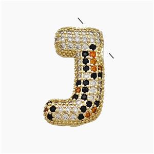 Copper Letter-J Pendant Micropave Zirconia Gold Plated, approx 16-23mm, 3-5mm hole