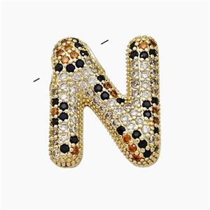 Copper Letter-N Pendant Micropave Zirconia Gold Plated, approx 16-23mm, 3-5mm hole