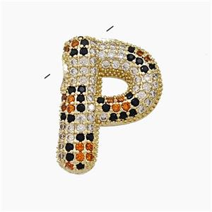 Copper Letter-P Pendant Micropave Zirconia Gold Plated, approx 16-23mm, 3-5mm hole