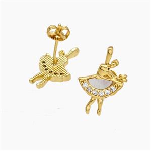 Copper Stud Earrings Pave Zirconia Shell Dancer Girls 18K Gold Plated, approx 11-17mm