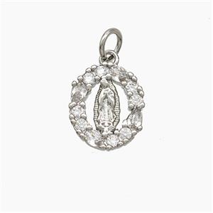Virgin Mary Charms Copper Oval Pendant Pave Zirconia Platinum Plated, approx 10-13mm