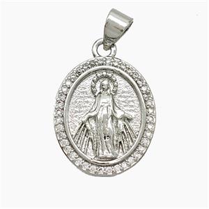 Copper Virgin Mary Pendant Pave Zirconia Platinum Plated, approx 15-18mm