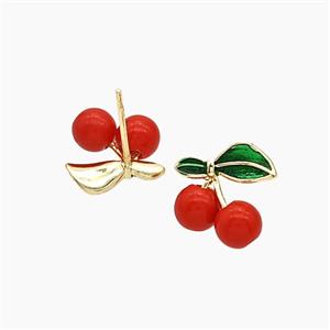 Copper Cherry Stud Earrings Pave Red Resin Gold Plated, approx 12-14mm