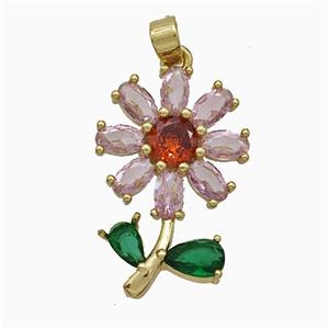 Copper Flower Pendant Pave Zirconia Gold Plated, approx 15-23mm