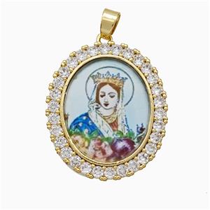 Copper Virgin Mary Pendant Pave Zirconia Painted Oval Gold Plated, approx 25-30mm