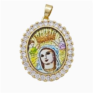 Copper Virgin Mary Pendant Pave Zirconia Painted Oval Gold Plated, approx 25-30mm