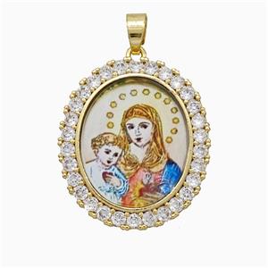 Copper Virgin Mary Pendant Pave Zirconia Painted Oval Gold Plated, approx 25-30mm