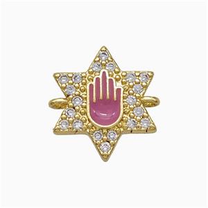 Copper Star Hand Connector Pave Zirconia Pink Enamel Gold Plated, approx 14mm