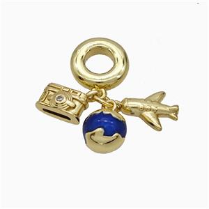 Camera And Airplane Earth Charms Copper Pendant Blue Painted Gold Plated, approx 7-10mm, 10mm dia