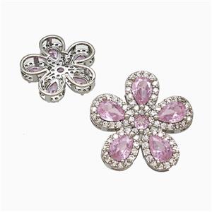 Copper Flower Pendant Pave Zirconia Pink Crystal Glass Platinum Plated, approx 20mm
