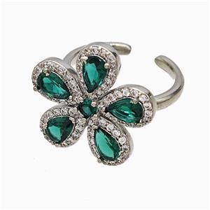 Copper Flower Rings Pave Zirconia Green Crystal Glass Platinum Plated, approx 20mm, 18mm dia