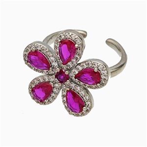 Copper Flower Rings Pave Zirconia Fuchsia Crystal Glass Platinum Plated, approx 20mm, 18mm dia